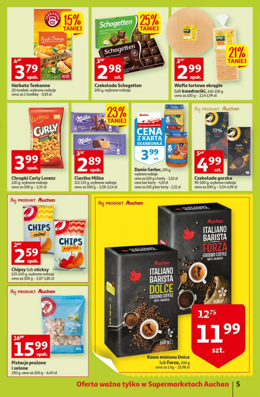 Gazetka promocyjna Auchan - przeNISKIE CENY WAKACYJNE przeOKAZJE Supermarkety - ważna 23.06 do 29.06.2022 - strona 5 - produkty: Chipsy, Chrupki, Ciastka, Czekolada, Czekolada gorzka, Gerber, Herbata, Lorenz, Milka, Pistacje, Schogetten, Teekanne, Wafle, Wafle tortowe