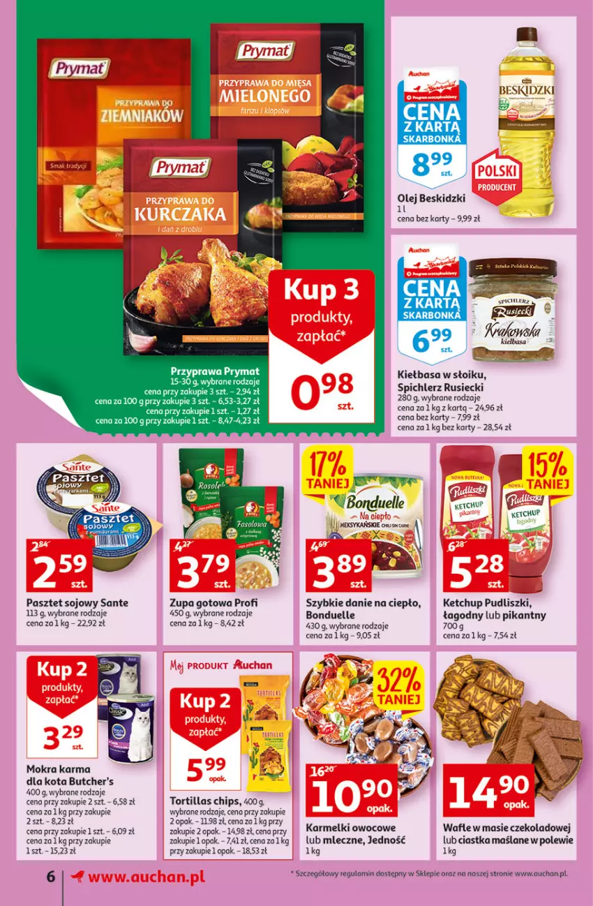 Gazetka promocyjna Auchan - przeNISKIE CENY WAKACYJNE przeOKAZJE Supermarkety - ważna 23.06 do 29.06.2022 - strona 6 - produkty: Beskidzki, Bonduelle, Butcher's, Ciastka, Ketchup, Kiełbasa, Mokra karma, Olej, Pasztet, Prymat, Pudliszki, Sante, Spichlerz Rusiecki, Tortilla, Wafle, Zupa