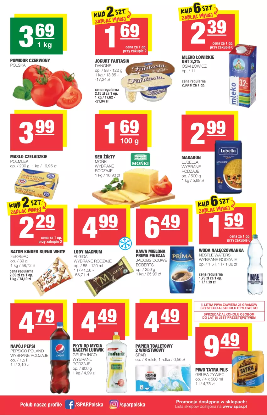 Gazetka promocyjna Spar - Express - ważna 04.08 do 10.08.2021 - strona 2 - produkty: Algida, Baton, Bell, Bella, Danone, Fa, Fanta, Ferrero, Jacobs, Jogurt, Kawa, Kawa mielona, Kinder, Kinder Bueno, LG, Lody, Lubella, Ludwik, Makaron, Masło, Mleko, Nałęczowianka, Napój, Papier, Papier toaletowy, Pepsi, Piwo, Płyn do mycia, POLMLEK, Prima, Ser, Tatra, Woda