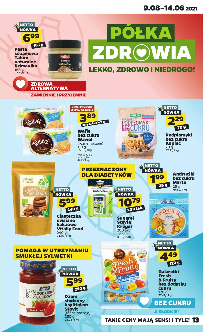 Gazetka promocyjna Netto - Gazetka spożywcza - ważna 09.08 do 14.08.2021 - strona 13 - produkty: Dżem, Gala, Galaretki, Kakao, Ksylitol, Kupiec, Piec, Półka, Prima, Primavika, Sezam, Wafle, Wawel