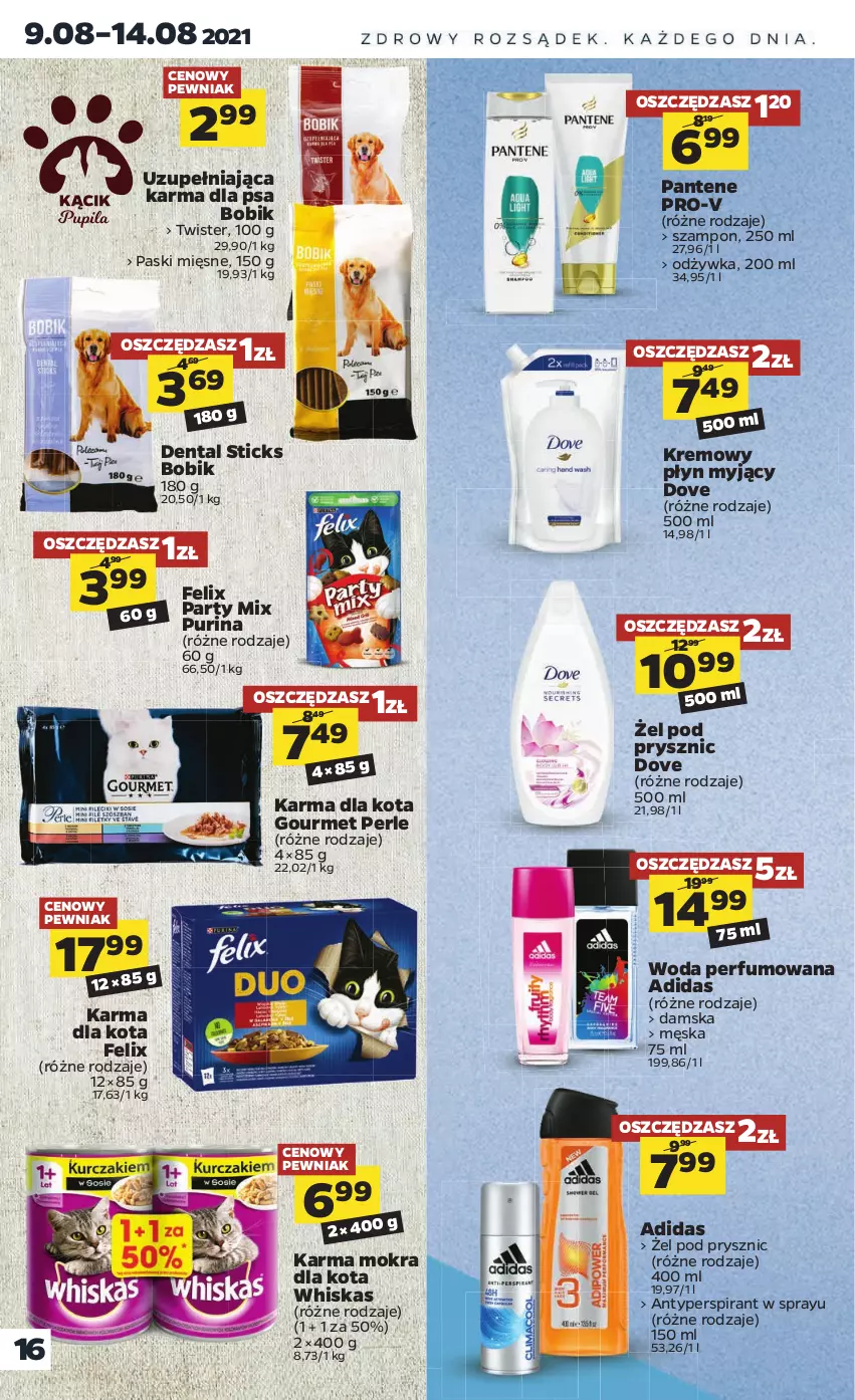 Gazetka promocyjna Netto - Gazetka spożywcza - ważna 09.08 do 14.08.2021 - strona 16 - produkty: Adidas, Antyperspirant, Dove, Felix, Odżywka, Pantene, Perfum, Pur, Purina, Szampon, Whiskas, Woda, Woda perfumowana