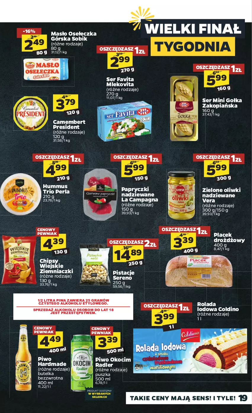 Gazetka promocyjna Netto - Gazetka spożywcza - ważna 09.08 do 14.08.2021 - strona 19 - produkty: Camembert, Chipsy, Fa, Favita, Gołka Zakopiańska, Gra, Hummus, Koc, Masło, Mleko, Mlekovita, Mus, Okocim, Oliwki, Papryczki nadziewane, Pistacje, Piwa, Piwo, Radler, Rolada, Ser