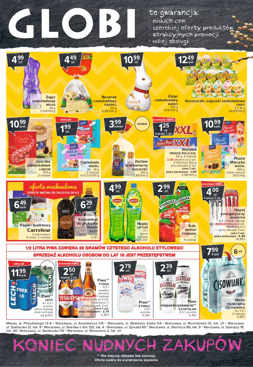 Gazetka promocyjna Carrefour - Gazetka Globi - ważna 22.03 do 28.03.2021 - strona 2 - produkty: Cisowianka, Czekolada, Gra, Kasztelan, Kosz, Lindor, Lindt, Lion, Lipton, Merci, Milka, Mleczko, Napój, Napój energetyczny, Nektar, Papier, Papier toaletowy, Piwa, Piwo, Prince Polo, Ptasie mleczko, Sok, Tymbark, Tyskie, Wafelek, Woda, Woda mineralna