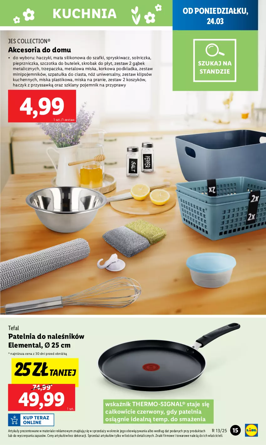 Gazetka promocyjna Lidl - GAZETKA - ważna 24.03 do 29.03.2025 - strona 15 - produkty: Fa, Haczyk, Kosz, Kuchnia, Miska, Nóż uniwersalny, Patelnia, Pieprz, Pieprzniczka, Podkład, Podkładka, Pojemnik, Pojemnik na przyprawy, Przyprawy, Solniczka, Szczotka, Szpatułka, Tefal, Trzepaczka, Znicz