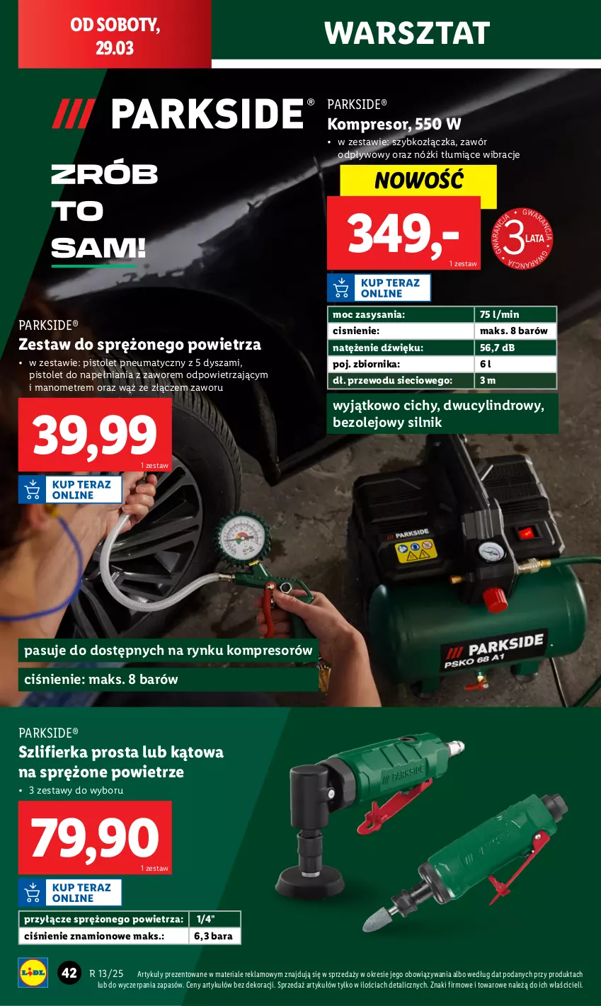 Gazetka promocyjna Lidl - GAZETKA - ważna 24.03 do 29.03.2025 - strona 46 - produkty: Kompresor, Olej, Parkside, Pistolet, Szlifierka