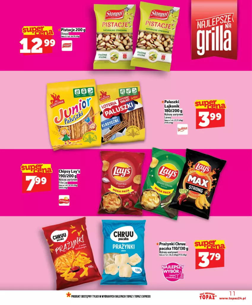 Gazetka promocyjna Topaz - Gazetka - ważna 21.05 do 27.05.2026 - strona 11 - produkty: Chipsy, Lajkonik, Lorenz, Pistacje, Prazynki, Słonpol, Top