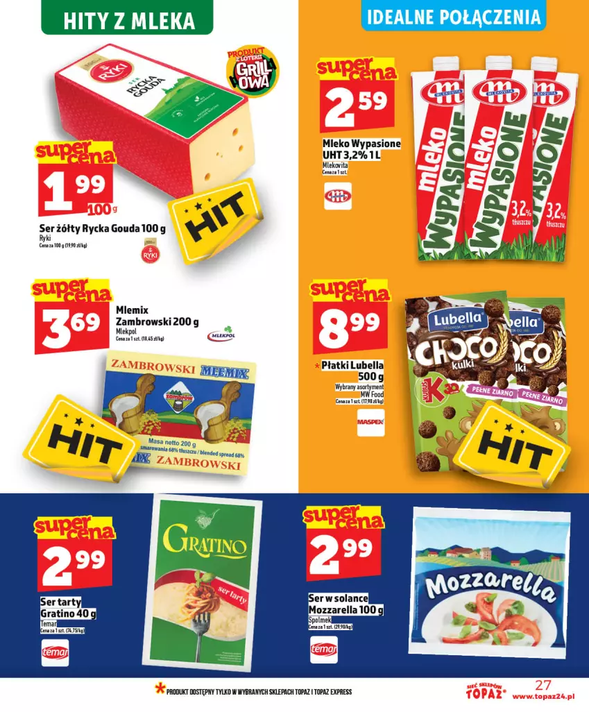 Gazetka promocyjna Topaz - Gazetka - ważna 21.05 do 27.05.2026 - strona 27 - produkty: Bell, Bella, Gouda, Lubella, Mleko, Mlekovita, Mlemix Zambrowski, Mozzarella, Ser, Solan, Top, Vita C