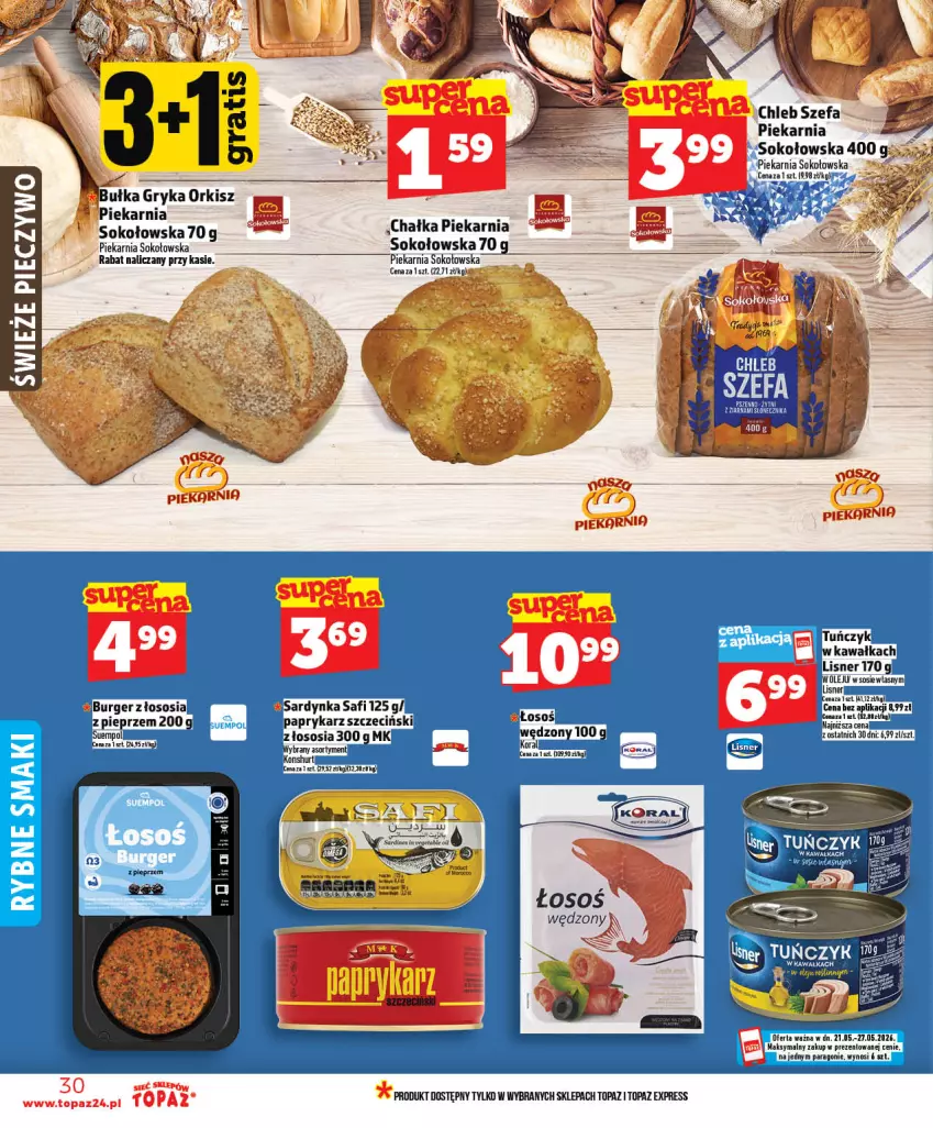 Gazetka promocyjna Topaz - Gazetka - ważna 21.05 do 27.05.2026 - strona 30 - produkty: Bułka, Burger, Chleb, Fa, Gry, Kawa, Lisner, Olej, Papryka, Paprykarz, Paprykarz szczeciński, Piec, Pieczywo, Pieprz, Sok, Sos, Suempol, Top, Tuńczyk