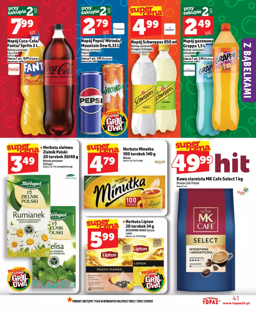 Gazetka promocyjna Topaz - Gazetka - ważna 21.05 do 27.05.2026 - strona 41 - produkty: Coca-Cola, Fa, Fanta, Gin, Herbata, Kawa, Kawa ziarnista, Lipton, Mango, Napój, Rum, Schweppes, Sprite, Top