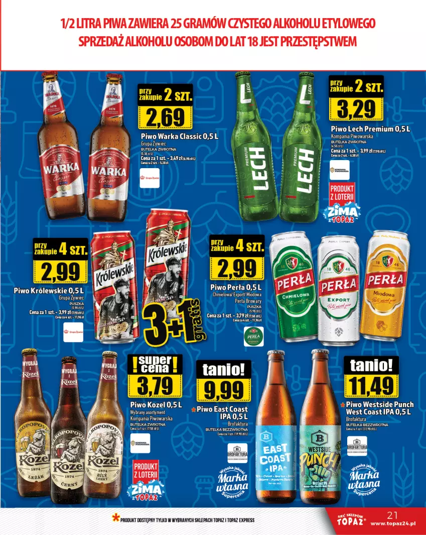 Gazetka promocyjna Topaz - Gazetka - ważna 16.01 do 22.01.2025 - strona 21 - produkty: Gra, Kozel, Królewski, Lech Premium, Perła, Piwa, Piwo, Top, Warka