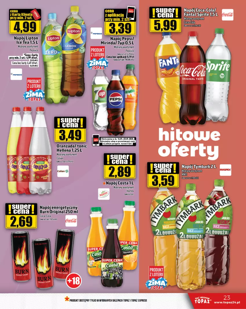 Gazetka promocyjna Topaz - Gazetka - ważna 16.01 do 22.01.2025 - strona 23 - produkty: 7up, Coca-Cola, Fa, Fanta, Gin, Hellena, Hortex, Mirinda, Napój, Napój energetyczny, Oranżada, Pepsi, Sprite, Top