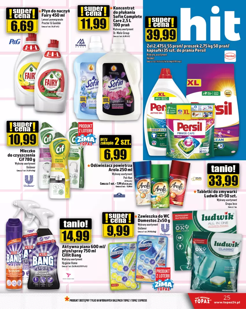 Gazetka promocyjna Topaz - Gazetka - ważna 16.01 do 22.01.2025 - strona 25 - produkty: Cif, Cillit Bang, Domestos, Fa, Fairy, Gra, Granat, LG, Ludwik, Mleczko, Odświeżacz powietrza, Persil, Płyn do płukania, Tablet, Tabletki do zmywarki, Top, Zawieszka do wc, Zmywarki