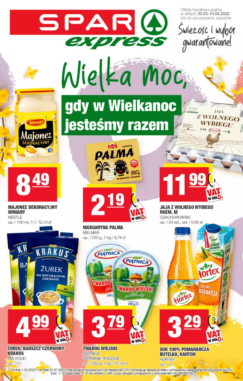 Gazetka promocyjna Spar - SparExpress - ważna 27.03 do 06.04.2022 - strona 1 - produkty: Hortex, Jaja, Jaja z wolnego wybiegu, Krakus, LG, Majonez, Margaryna, Palma, Piątnica, Piec, Sok, Winiary