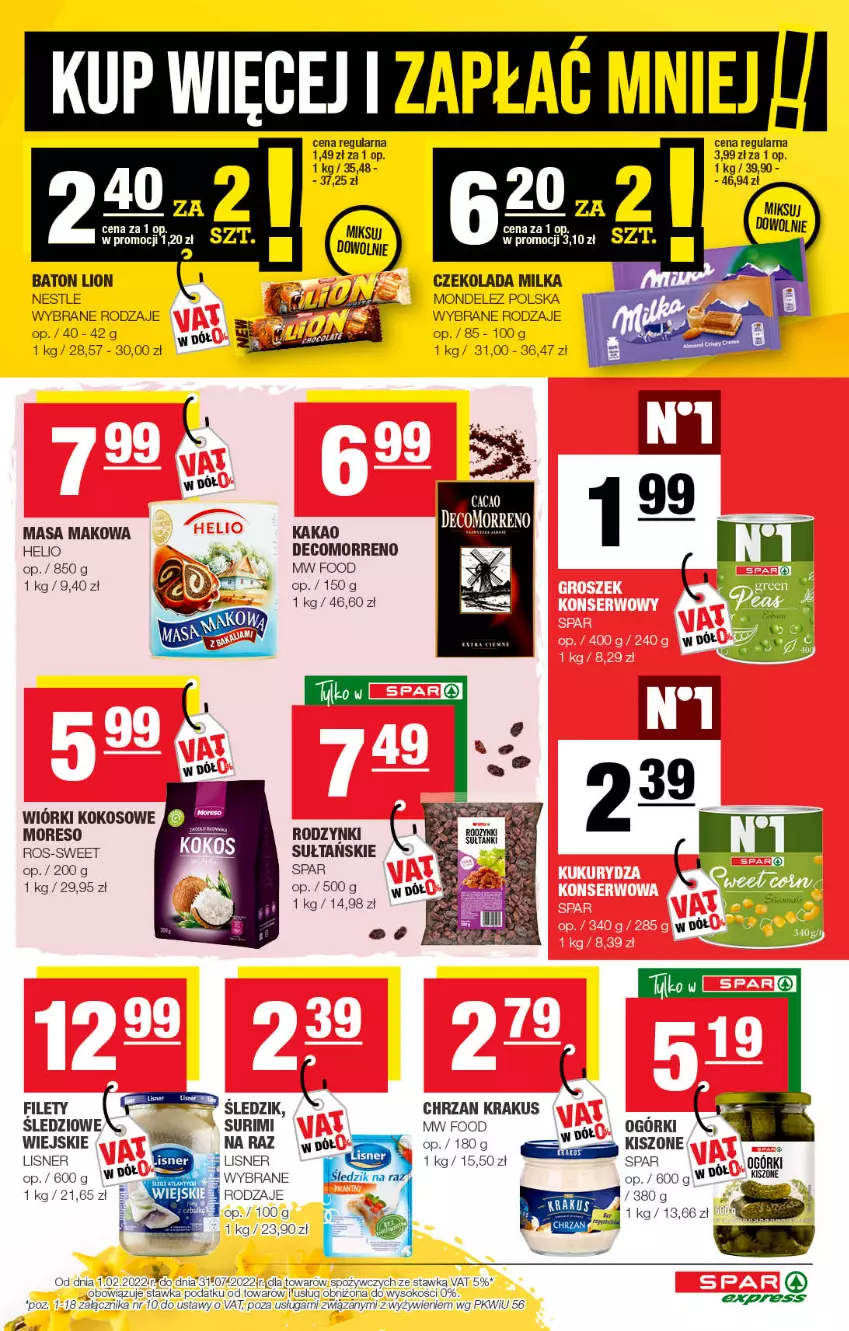 Gazetka promocyjna Spar - SparExpress - ważna 27.03 do 06.04.2022 - strona 3 - produkty: Baton, Chrzan, Czekolada, Helio, Kakao, Krakus, Lion, Lisner, Milka, Rodzynki, Sok, Surimi