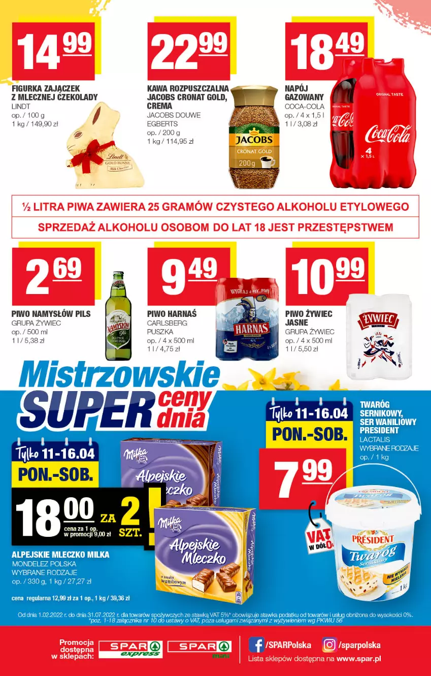 Gazetka promocyjna Spar - SparExpress - ważna 27.03 do 06.04.2022 - strona 4 - produkty: Carlsberg, Coca-Cola, Harnaś, Jacobs, Kawa, Lindt, Namysłów, Napój, Piwo