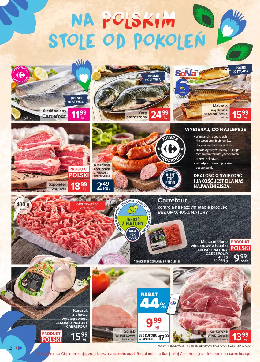 Gazetka promocyjna Carrefour - Gazetka Znane, lubiane i z Polski - ważna 23.08 do 30.08.2021 - strona 2 - produkty: Karkówka wieprzowa, Karp, Kiełbasa, Kurczak, Mięso, Mięso mielone, Schab wieprzowy, Szponder wołowy, Tusz