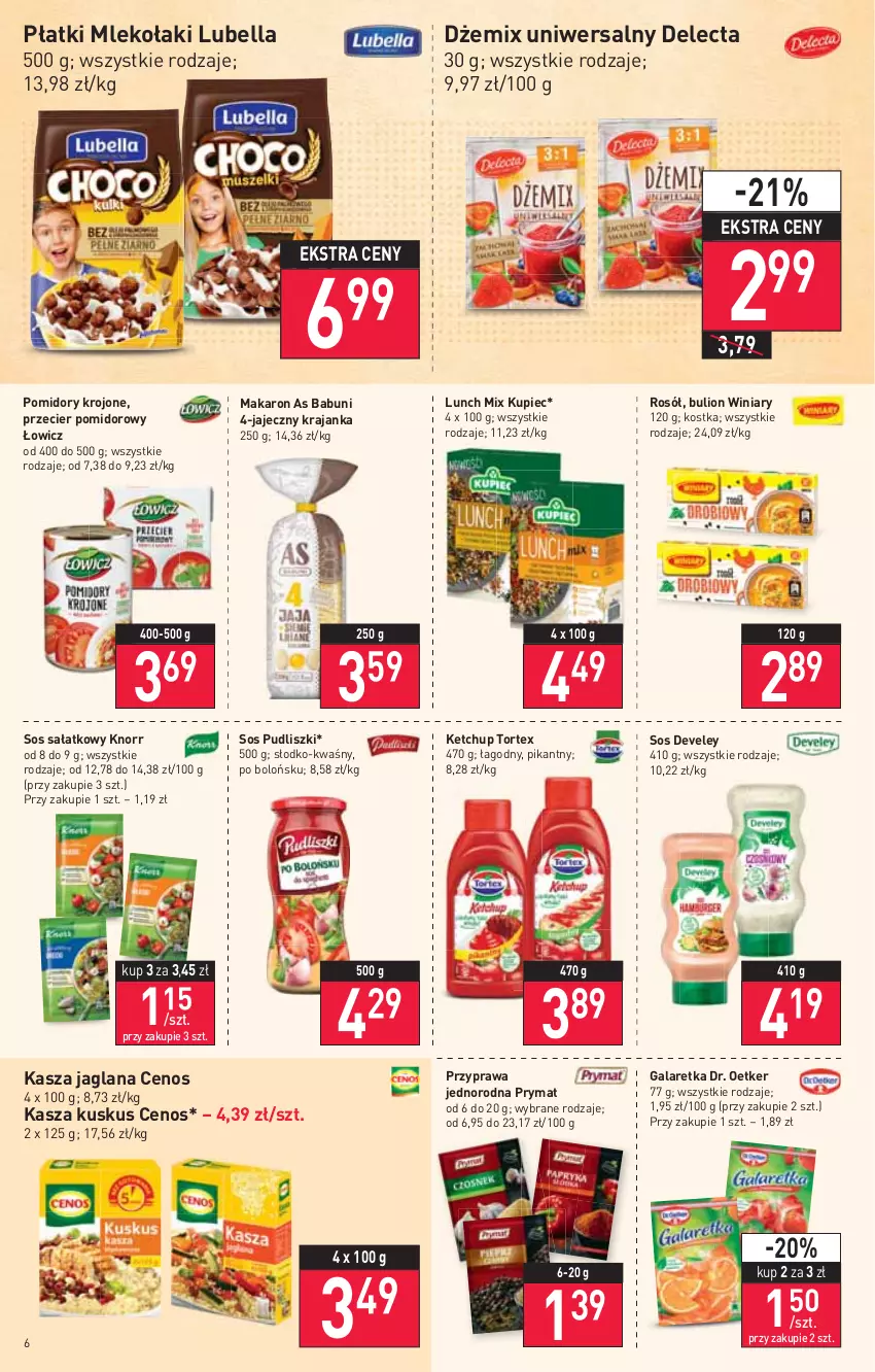 Gazetka promocyjna Stokrotka - Market - ważna 23.06 do 29.06.2022 - strona 6 - produkty: Babuni, Bell, Bella, Bulion, Cenos, Delecta, Dr. Oetker, Dżem, Gala, Galaretka, Kasza, Kasza jaglana, Ketchup, Knorr, Kupiec, Kuskus, LANA, Lion, Lubella, Makaron, Mleko, Piec, Pomidory, Pomidory krojone, Prymat, Pudliszki, Rosół, Sałat, Sos, Winiary