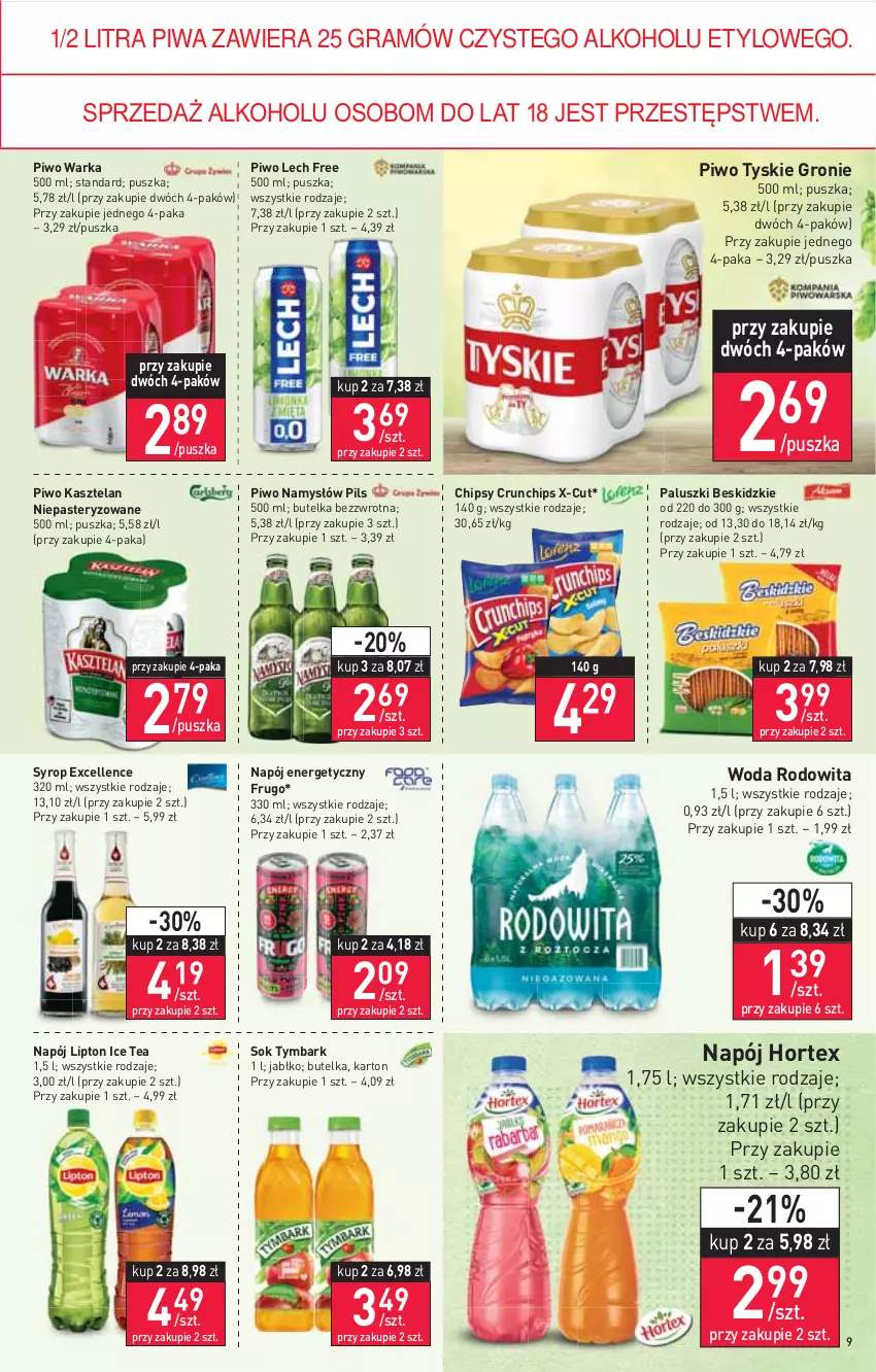 Gazetka promocyjna Stokrotka - Market - ważna 23.06 do 29.06.2022 - strona 9 - produkty: Beskidzki, Chipsy, Crunchips, Gra, Hortex, Ice tea, Kasztelan, Lipton, Namysłów, Napój, Napój energetyczny, Piwa, Piwo, Sok, Syrop, Tymbark, Tyskie, Warka, Woda