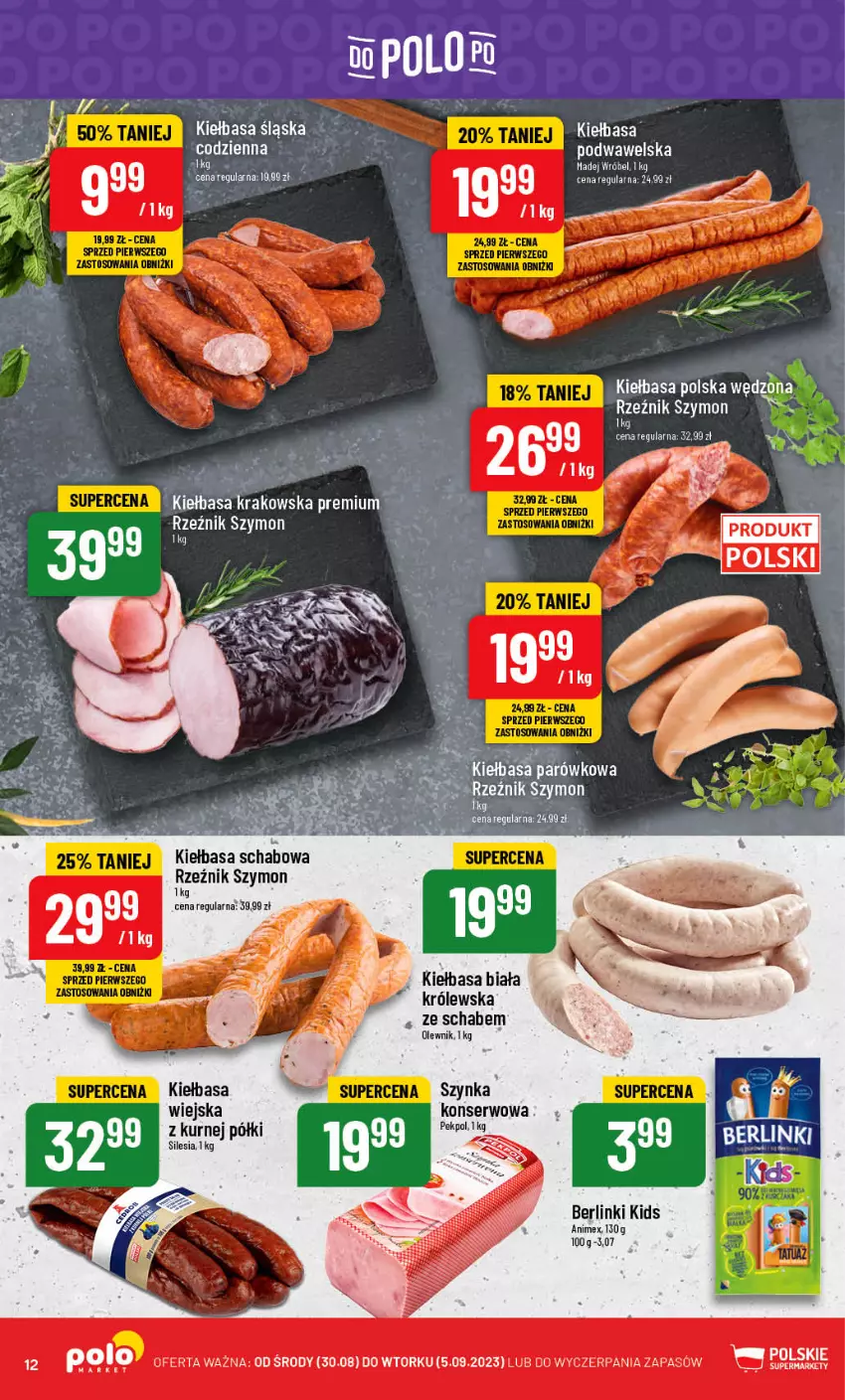 Gazetka promocyjna PoloMarket - Gazetka pomocyjna - ważna 30.08 do 05.09.2023 - strona 12 - produkty: Berlinki, Kiełbasa, Kiełbasa biała, Kiełbasa schabowa, LG, Madej Wróbel, Mop, Olewnik, Ser, Szynka, Wawel