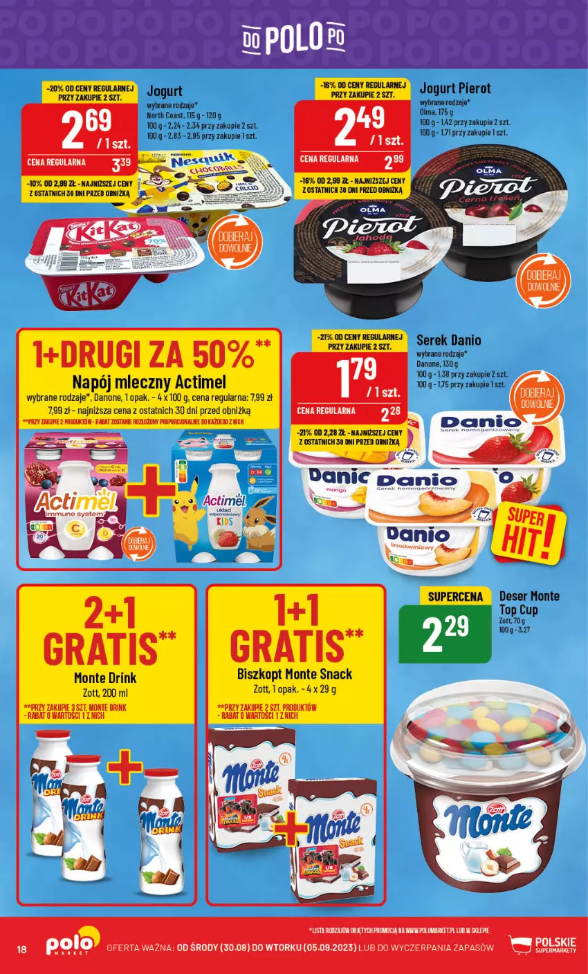 Gazetka promocyjna PoloMarket - Gazetka pomocyjna - ważna 30.08 do 05.09.2023 - strona 18 - produkty: Actimel, Danio, Danone, Deser, Gra, Jogurt, LG, Monte, Napój, Napój mleczny, Por, Ser, Serek, Zott