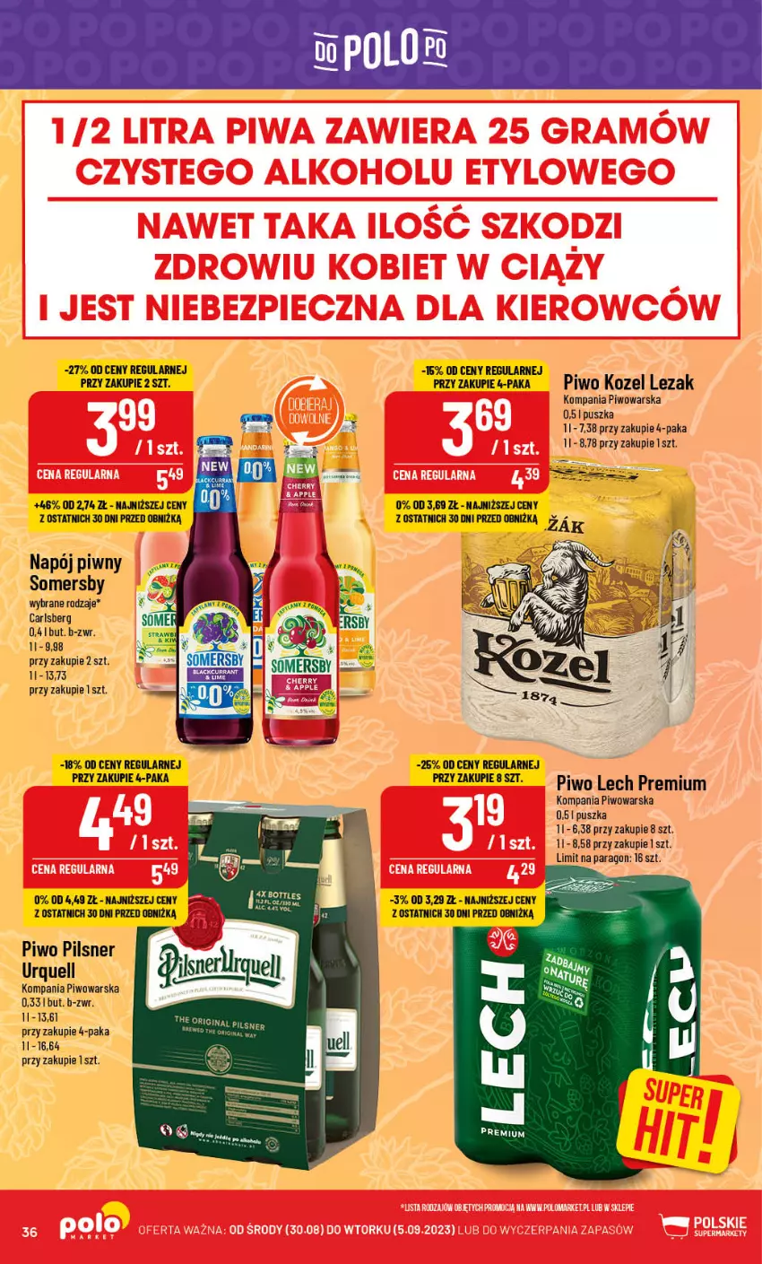 Gazetka promocyjna PoloMarket - Gazetka pomocyjna - ważna 30.08 do 05.09.2023 - strona 36 - produkty: Carlsberg, Kozel, Lech Premium, Napój, Pilsner Urquell, Piwo, Somersby