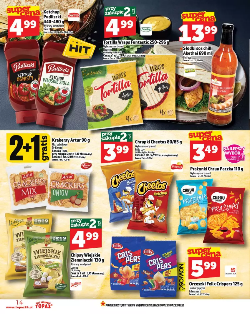Gazetka promocyjna Topaz - Gazetka - ważna 04.09 do 10.09.2025 - strona 14 - produkty: Cheetos, Chipsy, Chrupki, Felix, Ketchup, Orzeszki, Papryka, Por, Pudliszki, Sos, Sos chilli, Top