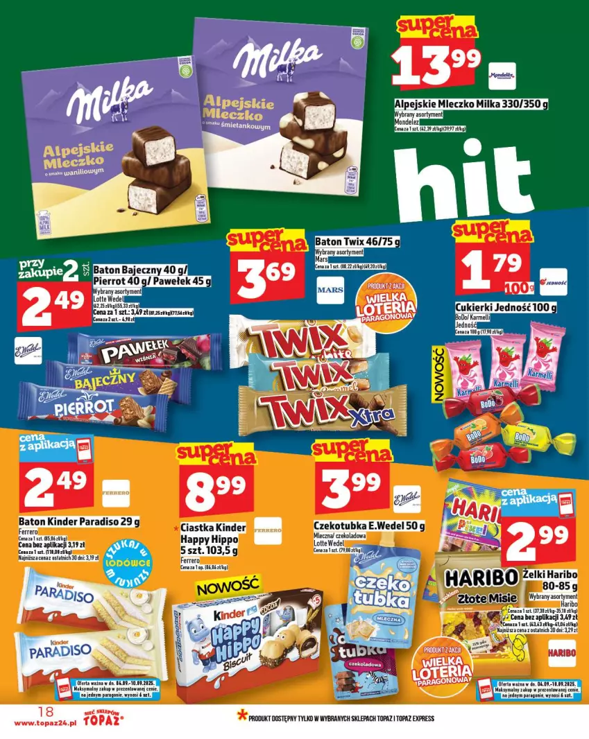 Gazetka promocyjna Topaz - Gazetka - ważna 04.09 do 10.09.2025 - strona 18 - produkty: Baton, Ciastka, Haribo, HiPP, Kinder, Koc, Miecz, Milka, Mleczko, Top