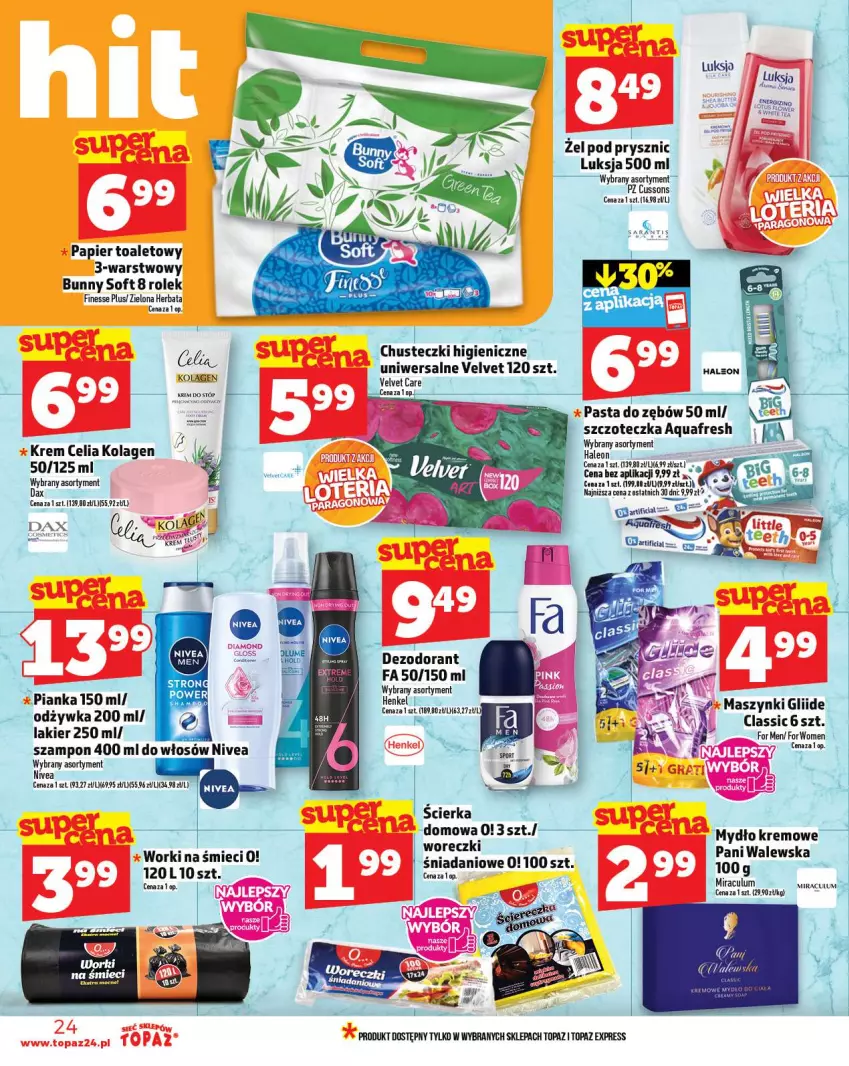 Gazetka promocyjna Topaz - Gazetka - ważna 04.09 do 10.09.2025 - strona 24 - produkty: Aquafresh, Chusteczki, Danio, DAX, Dezodorant, Fa, Herbata, Kolagen, Krem do stóp, Lakier, Leon, Luksja, Mydło, Nivea, Odżywka, Papier, Papier toaletowy, Pasta do zębów, Szczoteczka, Top, Velvet, Worki na śmiec, Worki na śmieci