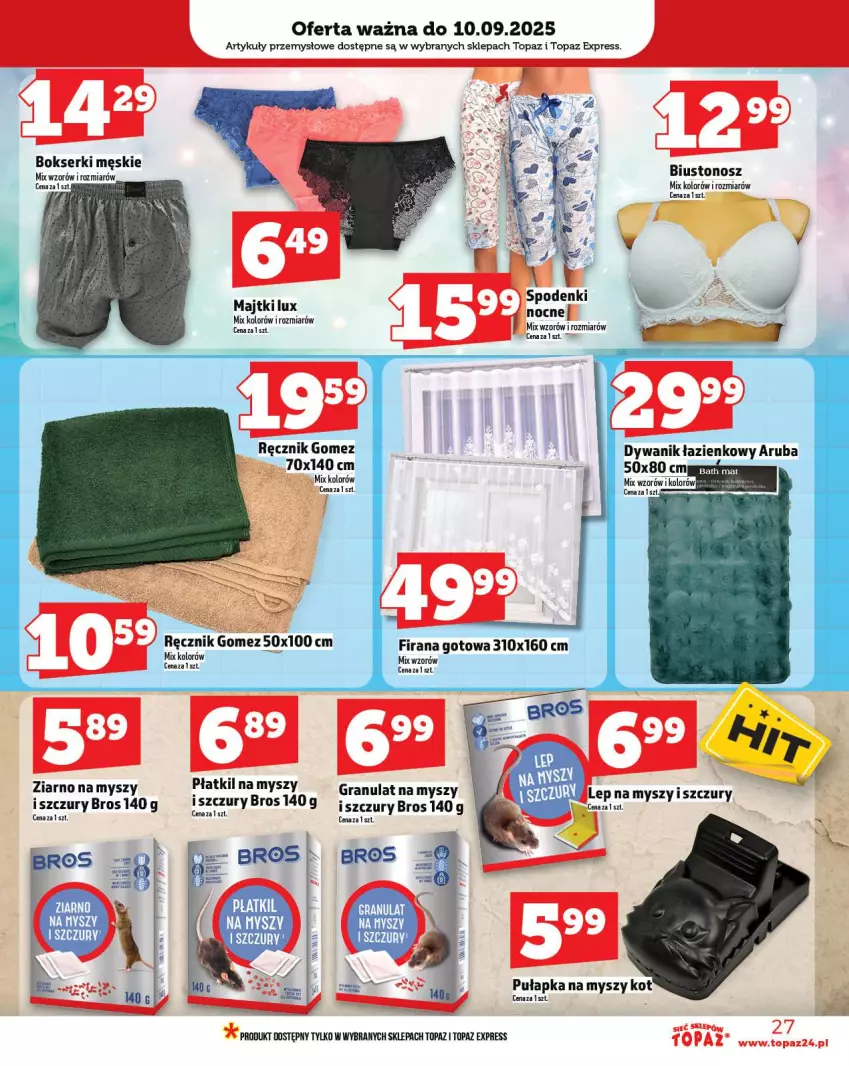 Gazetka promocyjna Topaz - Gazetka - ważna 04.09 do 10.09.2025 - strona 27 - produkty: Biustonosz, Bokserki, Dywan, Dywanik, Dywanik łazienkowy, Firana, Gra, Majtki, Mysz, Ręcznik, Ser, Top