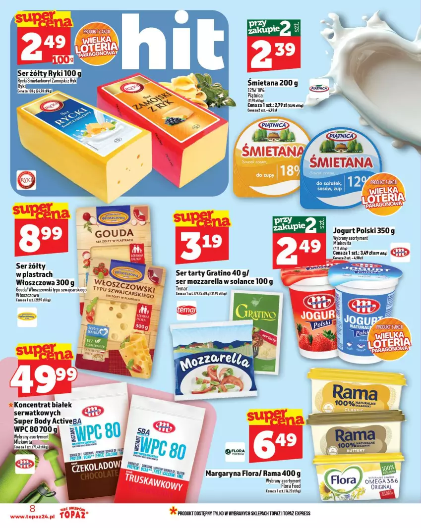 Gazetka promocyjna Topaz - Gazetka - ważna 04.09 do 10.09.2025 - strona 8 - produkty: Body, Cars, Flora, Gin, Gra, Jogurt, Margaryna, Mleko, Mlekovita, Mozzarella, Piątnica, Rama, Sałat, Ser, Solan, Top