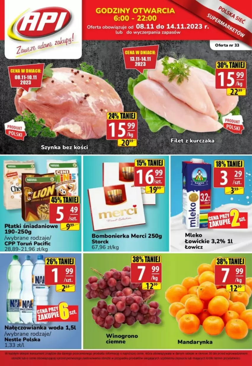 Gazetka promocyjna  - ważna 08.11 do 14.11.2023 - strona 1 - produkty: Cif, Danio, Kurczak, Merci, Nałęczowianka, Szynka, Woda