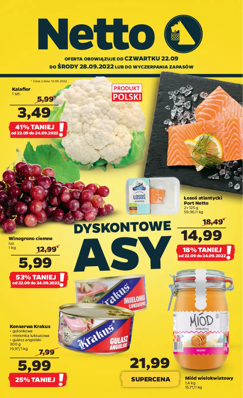 Gazetka promocyjna Netto - Artykuły spożywcze - ważna 22.09 do 28.09.2022 - strona 1 - produkty: Kalafior, Krakus, Miód, Por, Ser, Wino