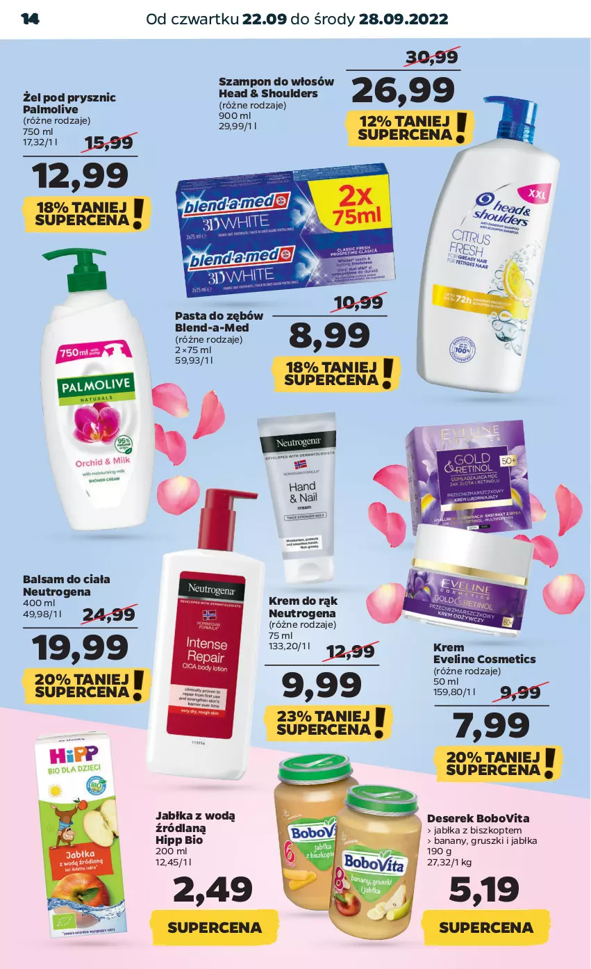 Gazetka promocyjna Netto - Artykuły spożywcze - ważna 22.09 do 28.09.2022 - strona 14 - produkty: Balsam do ciała, Banany, Blend-a-Med, BoboVita, Deser, Eveline, Gruszki, HiPP, Hipp Bio, Jabłka, Krem do rąk, Neutrogena, Palmolive, Pasta do zębów, Ser, Serek, Szampon