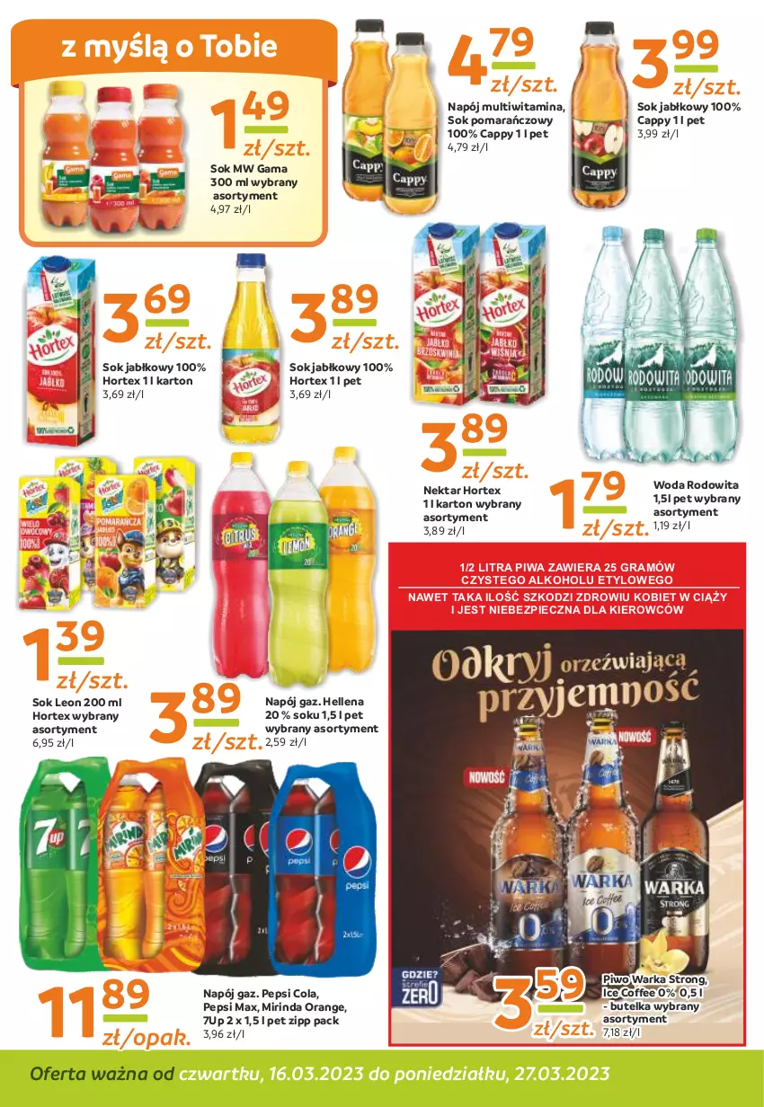 Gazetka promocyjna Gama - Gazetka Gama - ważna 27.03.2023 do 16.03.2024 - strona 10 - produkty: 7up, Cappy, Gra, Hellena, Hortex, Leon, Mirinda, Napój, Nektar, Pepsi, Pepsi max, Piec, Piwa, Piwo, Sok, Sok jabłkowy, Sok pomarańczowy, Warka, Woda