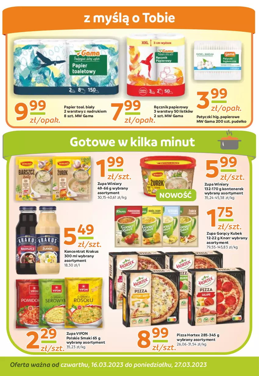 Gazetka promocyjna Gama - Gazetka Gama - ważna 27.03.2023 do 16.03.2024 - strona 8 - produkty: Hortex, Knorr, Krakus, Kubek, Papier, Pizza, Pudełko, Ręcznik, Winiary, Zupa