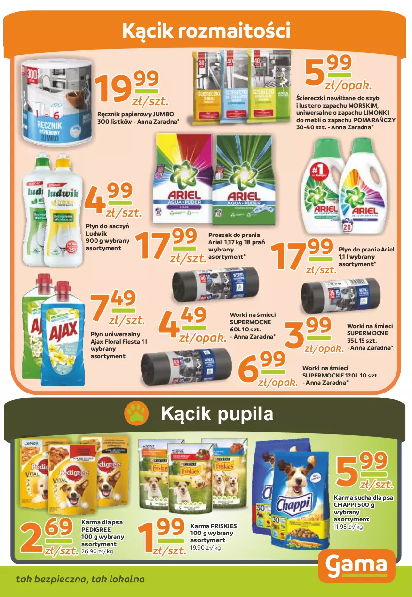 Gazetka promocyjna Gama - Gazetka Gama - ważna 27.03.2023 do 16.03.2024 - strona 9 - produkty: Ajax, Ariel, Chappi, Flora, Friskies, Ludwik, Papier, Pedigree, Piec, Płyn do prania, Proszek do prania, Ręcznik, Worki na śmiec, Worki na śmieci