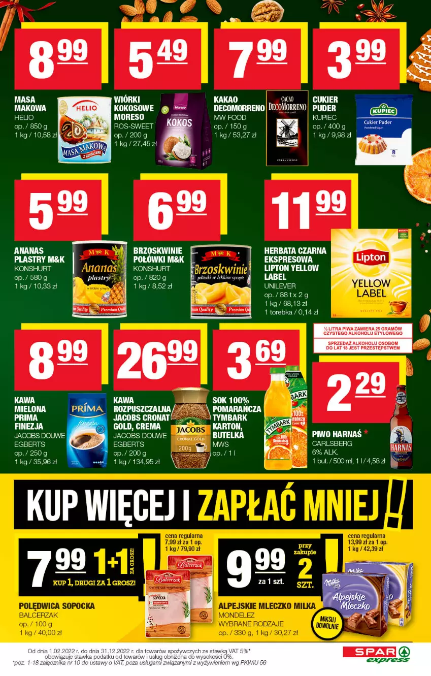 Gazetka promocyjna Spar - SparExpress - ważna 11.12 do 21.12.2022 - strona 3 - produkty: Ananas, Brzoskwinie, Carlsberg, Cukier, Fa, Harnaś, Helio, Jacobs, Kakao, Kawa, Kupiec, Piec, Piwo, Puder, Sok, Torebka, Tymbark