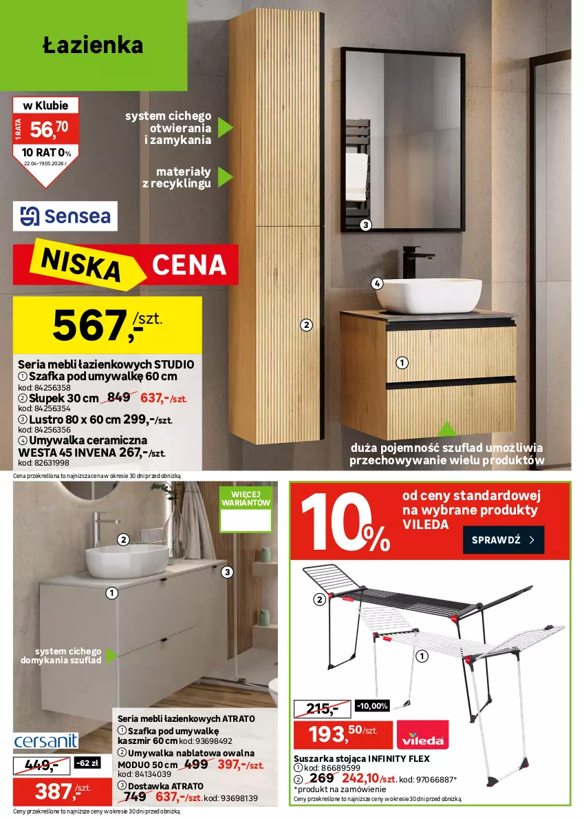 Gazetka promocyjna Leroy Merlin - Gazetka Leroy Merlin - ważna 22.04 do 19.05.2026 - strona 30 - produkty: Brodzik, Kabina prysznicowa, Lustro, Ser, Słupek, Suszarka, Szafka, Szafka pod umywalkę, Umywalka, Vileda