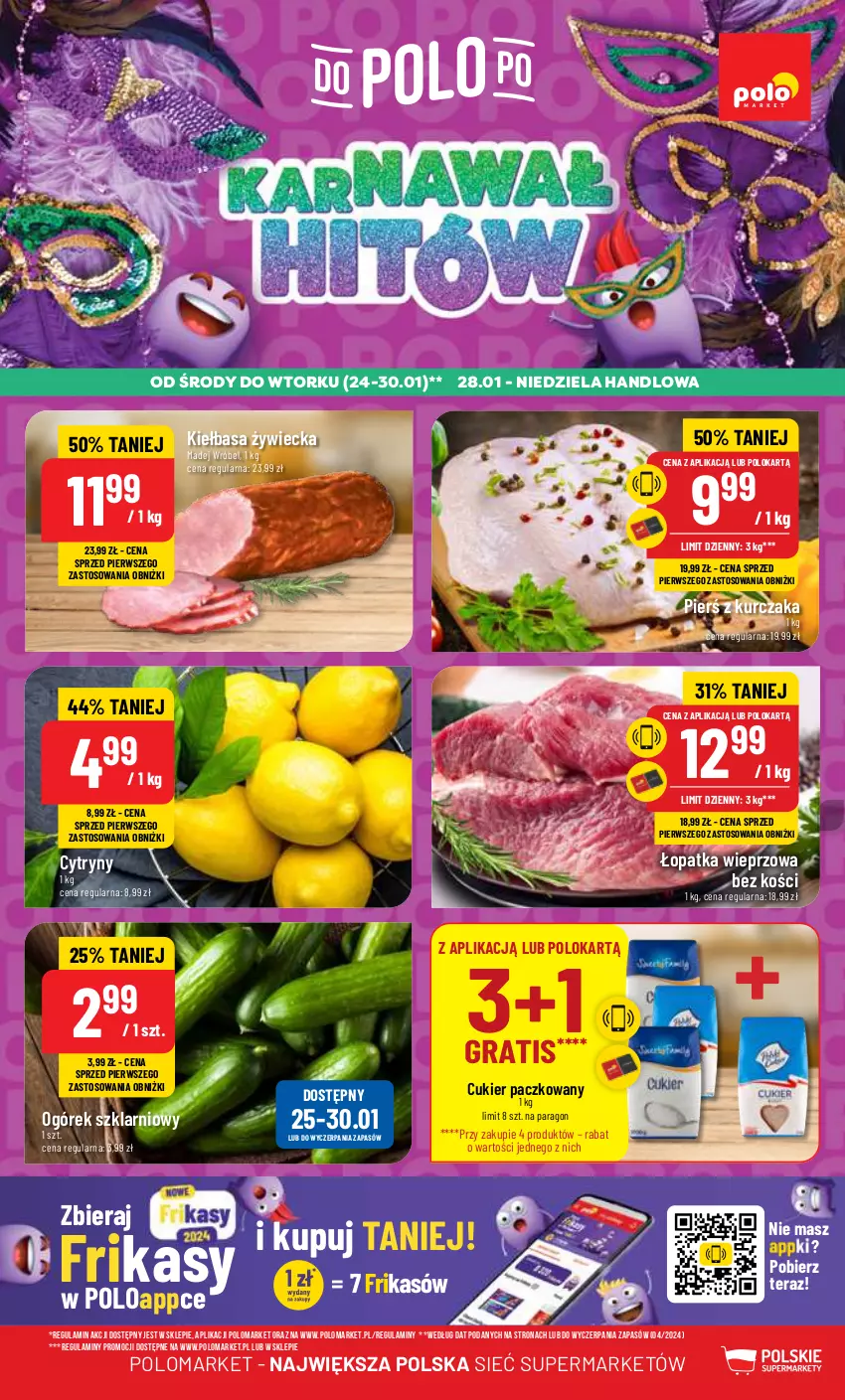 Gazetka promocyjna PoloMarket - Gazetka pomocyjna - ważna 24.01 do 30.01.2024 - strona 1 - produkty: Cukier, Cytryny, Gra, Kiełbasa, Kurczak, Madej Wróbel, Ogórek, Tera