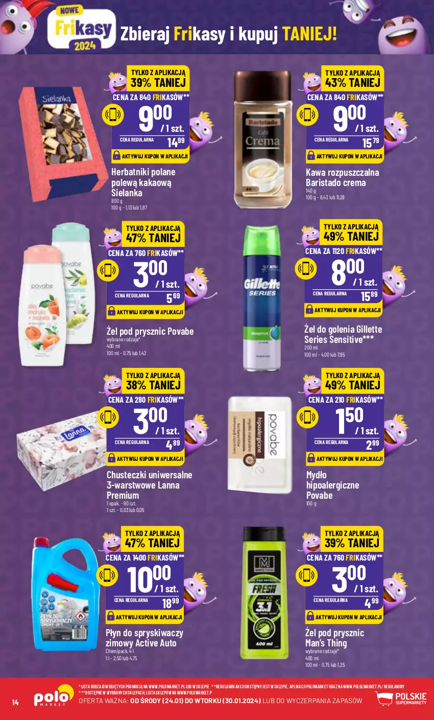 Gazetka promocyjna PoloMarket - Gazetka pomocyjna - ważna 24.01 do 30.01.2024 - strona 14 - produkty: Chusteczki, Gillette, Herbatniki, Kakao, Kawa, Kawa rozpuszczalna, Mydło, Olma, Płyn do spryskiwaczy, Ser