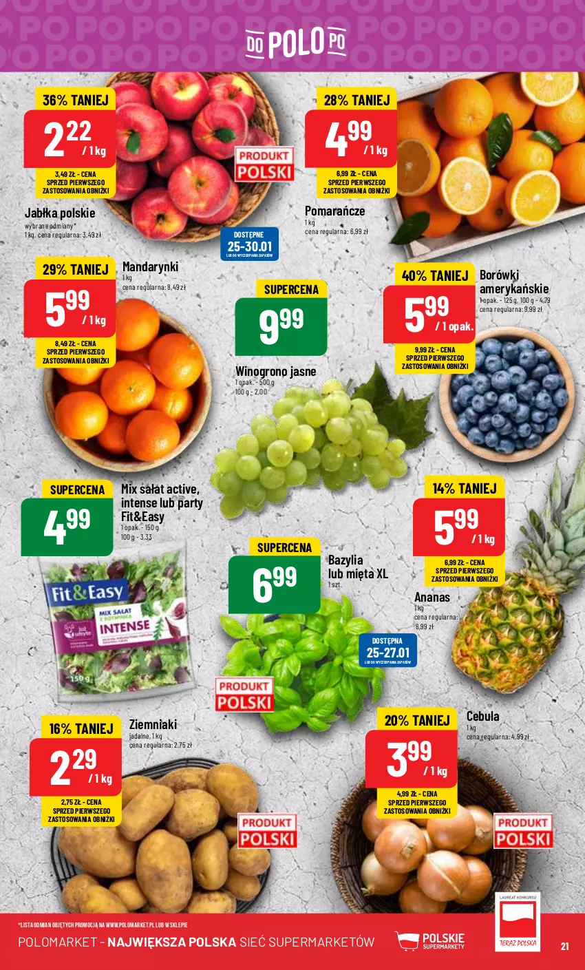 Gazetka promocyjna PoloMarket - Gazetka pomocyjna - ważna 24.01 do 30.01.2024 - strona 21 - produkty: Ananas, Bazyl, Bazylia, Cebula, Jabłka, Mandarynki, Mięta, Pomarańcze, Sałat, Wino, Ziemniaki