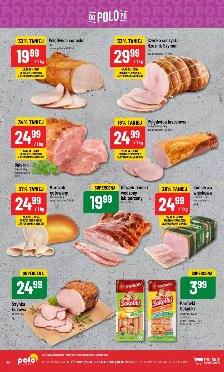 Gazetka promocyjna PoloMarket - Gazetka pomocyjna - ważna 24.01 do 30.01.2024 - strona 22 - produkty: Boczek, Kurczak, Kurczak gotowany, Madej Wróbel, Parówki, Parówki sokoliki, Pekpol, Polędwica, Ser, Sok, Sokołów, Sos, Szynka