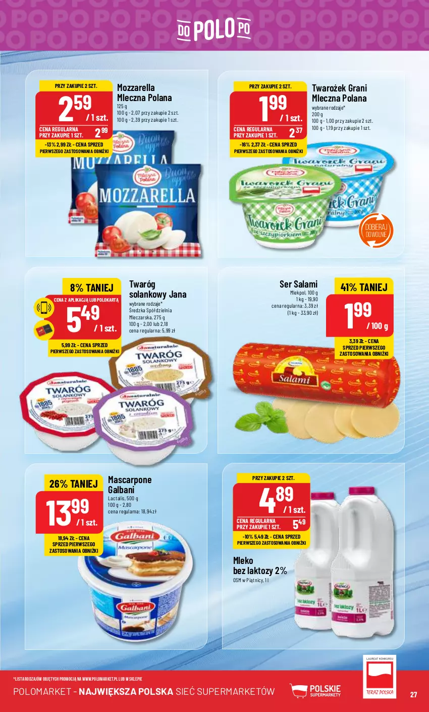 Gazetka promocyjna PoloMarket - Gazetka pomocyjna - ważna 24.01 do 30.01.2024 - strona 27 - produkty: Galbani, Gra, LANA, Mascarpone, Mleko, Mleko bez laktozy, Mozzarella, Salami, Ser, Ser salami, Solan, Twaróg