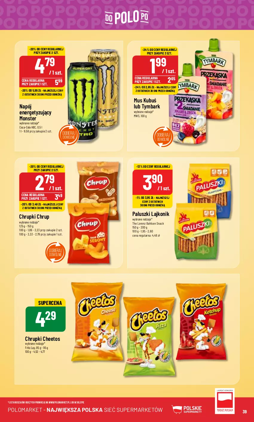 Gazetka promocyjna PoloMarket - Gazetka pomocyjna - ważna 24.01 do 30.01.2024 - strona 39 - produkty: Cheetos, Chrupki, Coca-Cola, Kubuś, Lajkonik, Lorenz, Mus, Napój, Tymbark