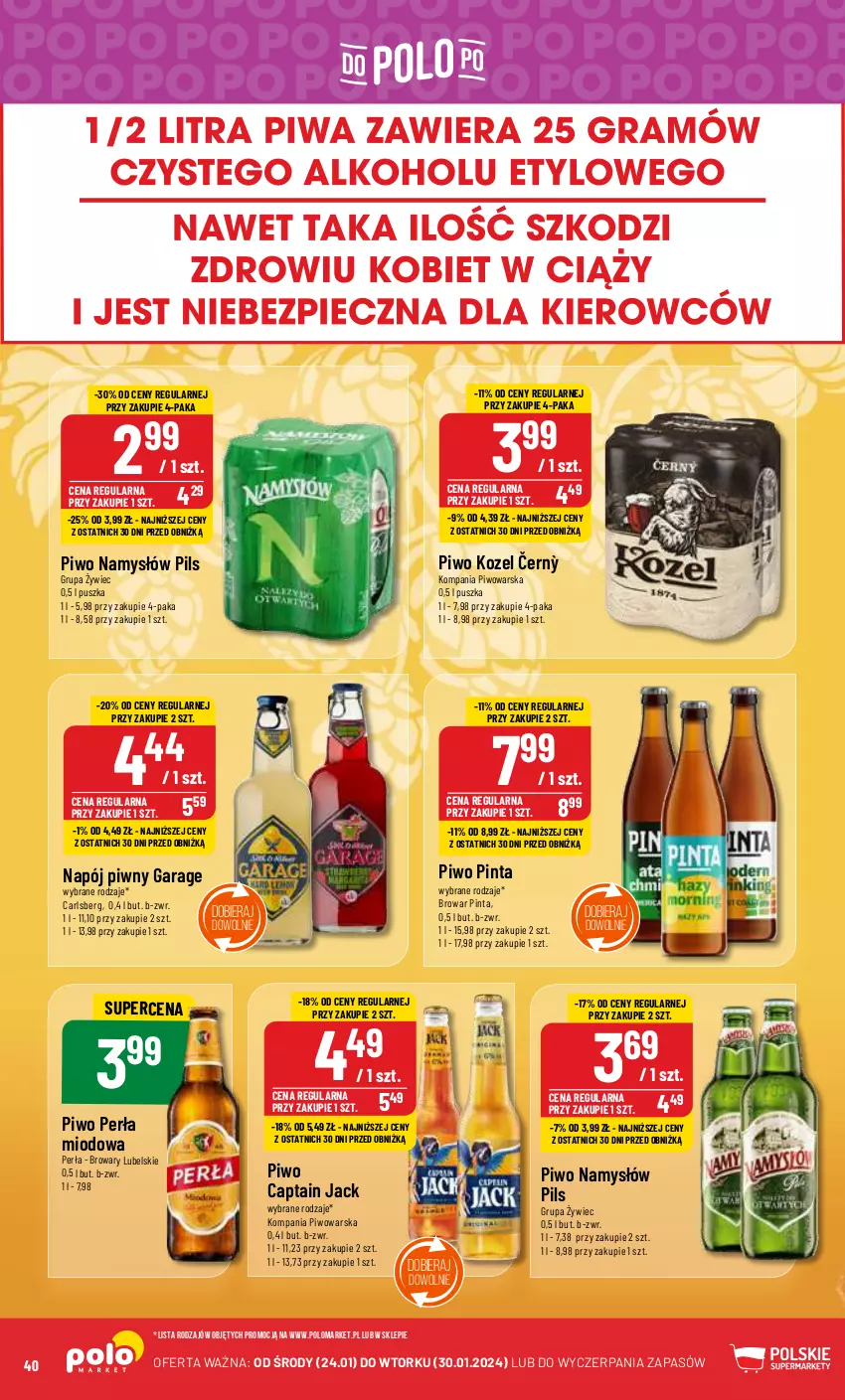 Gazetka promocyjna PoloMarket - Gazetka pomocyjna - ważna 24.01 do 30.01.2024 - strona 40 - produkty: Captain Jack, Carlsberg, Kozel, Namysłów, Napój, Perła, Piwo