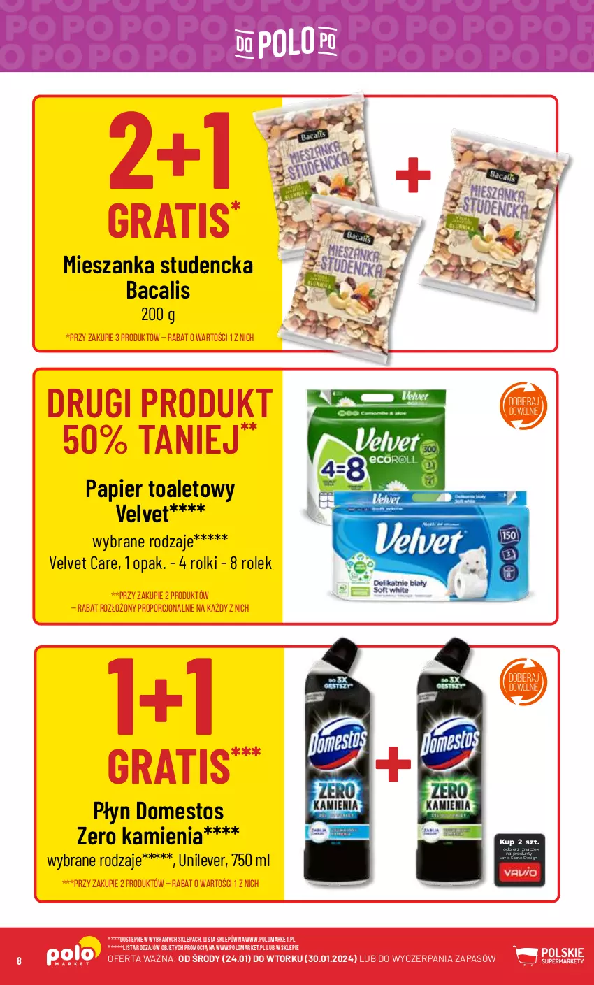 Gazetka promocyjna PoloMarket - Gazetka pomocyjna - ważna 24.01 do 30.01.2024 - strona 8 - produkty: Domestos, Gra, Mieszanka studencka, Papier, Papier toaletowy, Por, Rolki, Velvet