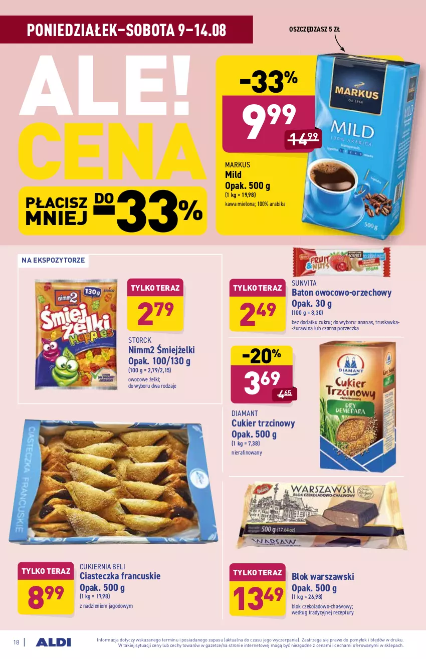 Gazetka promocyjna Aldi - ważna 09.08 do 14.08.2021 - strona 18 - produkty: Ananas, Baton, Blok warszawski, Cukier, Cukier trzcinowy, Diamant, Kawa, Kawa mielona, Nimm2, Por, Tera