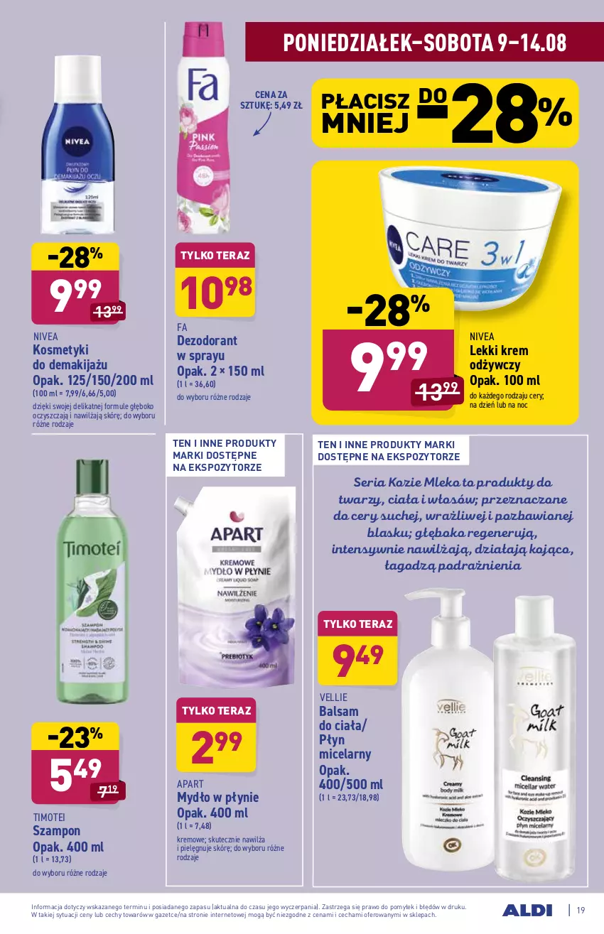 Gazetka promocyjna Aldi - ważna 09.08 do 14.08.2021 - strona 19 - produkty: Balsam do ciała, Dezodorant, Fa, Krem odżywczy, Makijaż, Mleko, Mule, Mydło, Mydło w płynie, Nivea, Płyn micelarny, Ser, Szampon, Tera