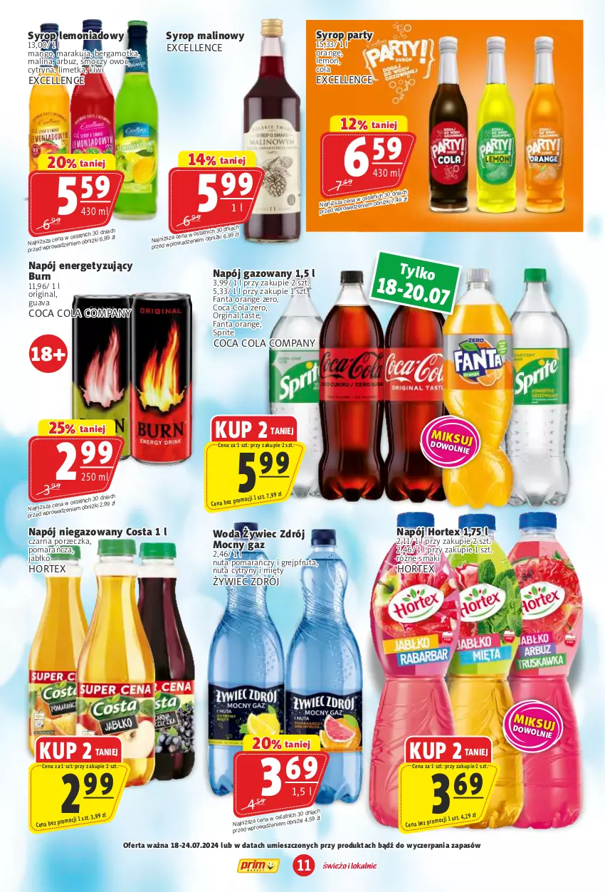 Gazetka promocyjna Prim Market - ważna 18.07 do 24.07.2024 - strona 11 - produkty: Arbuz, Coca-Cola, Cytryny, Fa, Fanta, Gin, Grejpfrut, Hortex, Kiwi, Mango, Napój, Napój gazowany, Napój niegazowany, Por, Sprite, Syrop, Woda