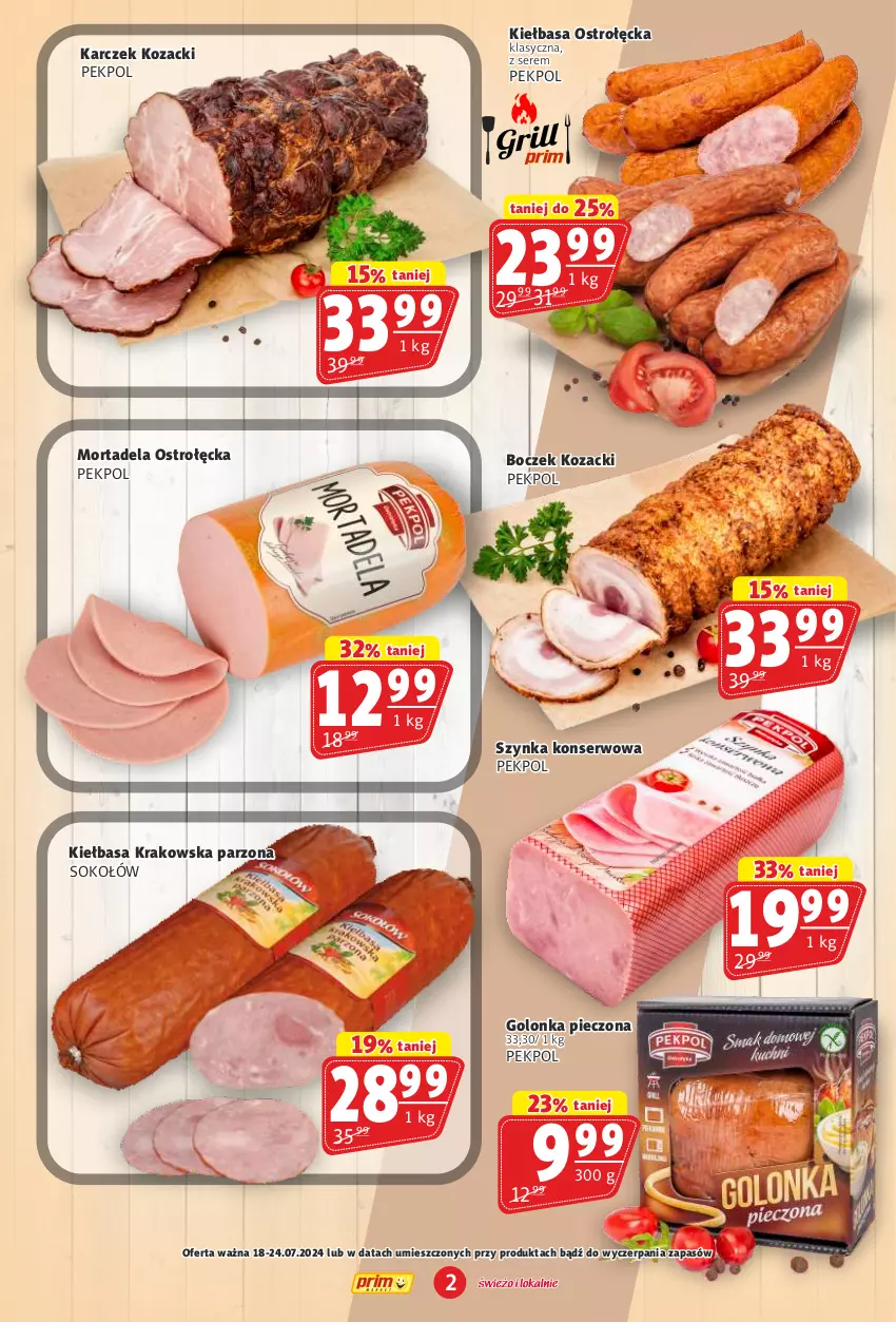 Gazetka promocyjna Prim Market - ważna 18.07 do 24.07.2024 - strona 2 - produkty: Boczek, Golonka pieczona, Kiełbasa, Kiełbasa krakowska, Pekpol, Piec, Ser, Sok, Sokołów, Szynka, Szynka konserwowa